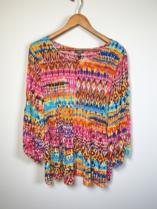 Ninety Tops - NWT Ninety Clothing Multi Color Geometric Ikat Print Pleated Boho Blouse 2X